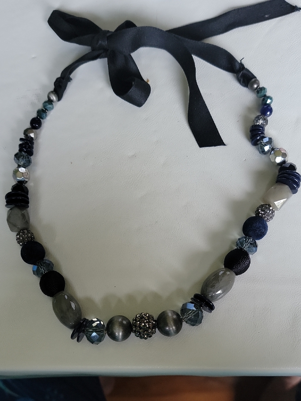 Elegant Navy and Gray Beaded Ribbon Necklace - Brand: Unknown.